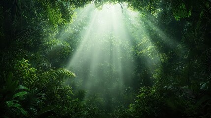 Obraz premium A forest with sunlight shining through the trees. The light is bright and warm, creating a peaceful and serene atmosphere. The trees are lush and green, and the leaves are full and vibrant