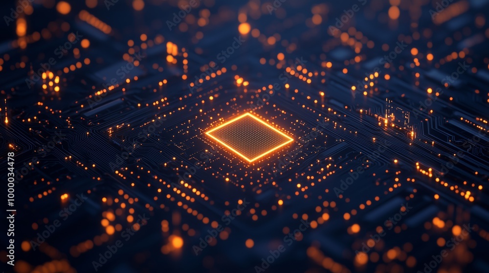 Poster a digital illustration of an abstract circuit board with glowing lights and data streams, representi