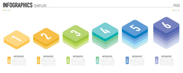 Rectangular isometric infographic template or element with 6 step, process, option, colorful rectangle, bar, column, arrow, minimal style, slide