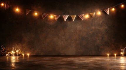 A dark room with a banner hanging from the ceiling and a few candles on the floor. The room is empty and the banner is lit up