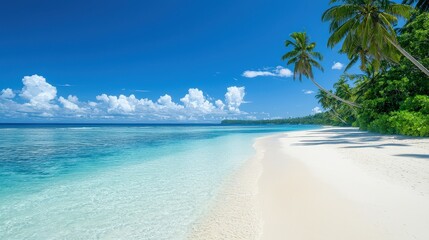 A beautiful beach with a clear blue ocean and palm trees in the background. The sky is mostly clear with a few clouds scattered around. The beach is empty, giving it a peaceful and serene atmosphere