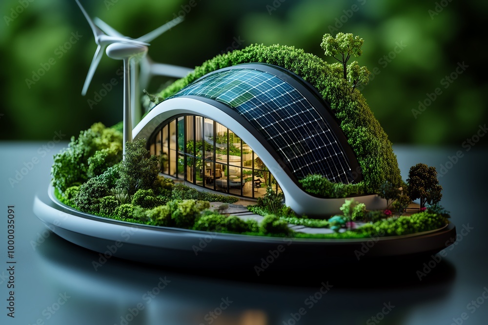 Poster 3d digital model of an eco-friendly building, where users can interact with the solar panels, wind t