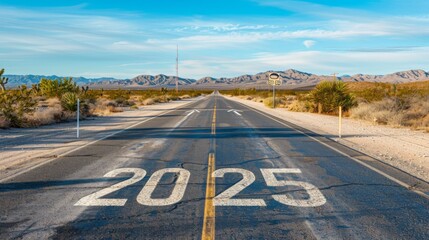 Road to 2025 with an empty road with written 2025 and arrow pointing towards the horizon to represent the future and positivity and success of the new year 2025 