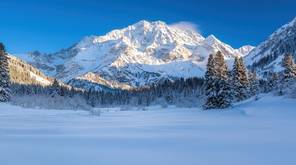 Obraz premium A snowy mountain range with a clear blue sky. The mountains are covered in snow and the trees are bare. The scene is peaceful and serene, with the snow-covered landscape creating a sense of calm