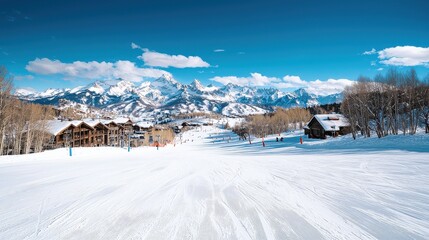 A snow covered ski slope with a mountain in the background. The snow is deep and the sky is clear