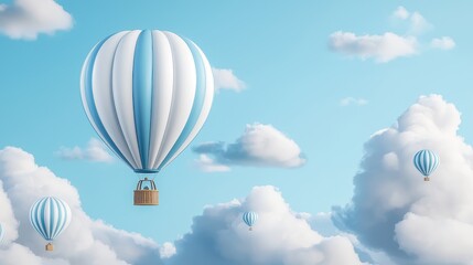 Obraz premium A blue and white hot air balloon is flying through the sky. The sky is filled with clouds, and the balloon is the only object visible