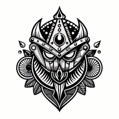 Intricate Tribal Owl Design with Geometric Elements in Monochrome Art