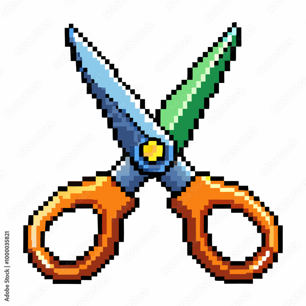 Poster pixel art scissors icon with orange handles and sharp blades