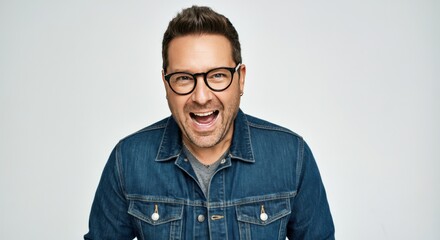 Obraz premium Portrait of a man wearing glasses and a denim jacket, smiling with a bright, open mouth.