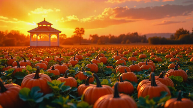 A vibrant autumn scene featuring a field of pumpkins bathed in the warm glow of a setting sun. A picturesque gazebo stands in the background.