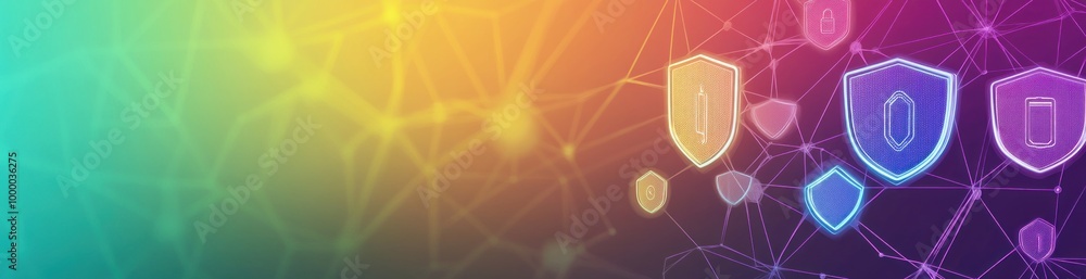 Poster abstract digital illustration with security shields and network connections.