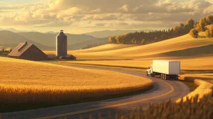 A serene rural landscape featuring fields, a barn, a silo, and a truck on a winding road.