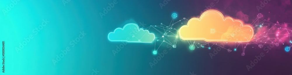 Poster abstract illustration of colorful clouds with a digital network background.