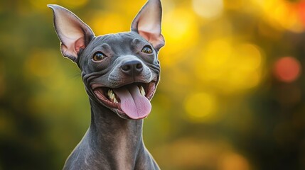 A happy dog with a big smile, set against a vibrant, colorful background.