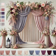 Elegant Wedding Ceremony Arch with Pink and Gray Drapes  Floral Decorations and Lanterns