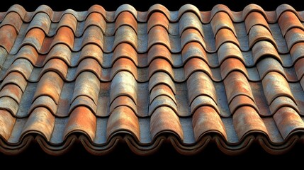 A close-up view of a weathered terracotta roof with a unique pattern of orange and grey tiles