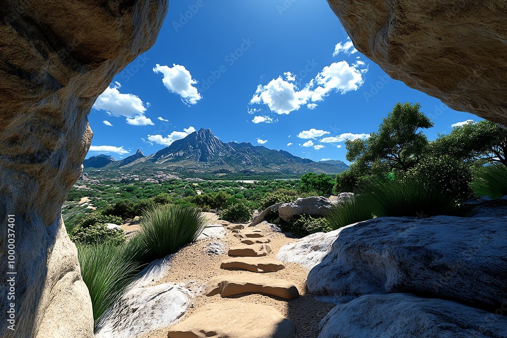 Poster 3d digital rendering of a scenic outdoor hike, where users can explore the rugged trails, mountains,