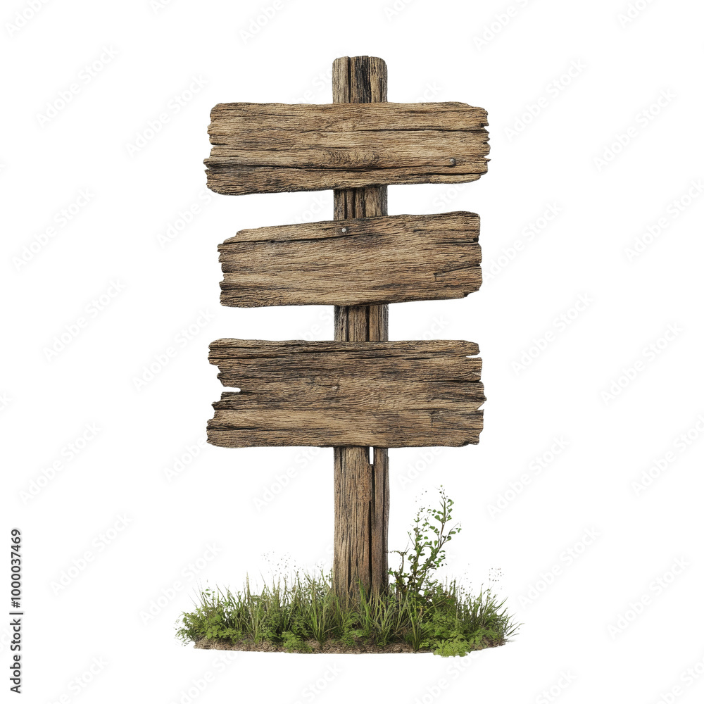 Poster detailed 3d render of weathered wooden signpost on white background for design projects with copy sp