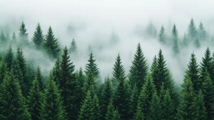 Fototapeta premium A captivating view of an evergreen forest shrouded in mist, creating a serene atmosphere. This landscape captures the beauty of nature's tranquility
