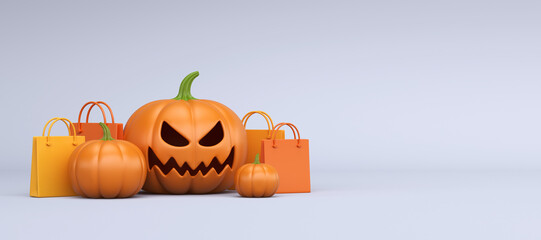 Halloween sale and discount concept. 3D illustration of pumpkin with shopping bags on white background