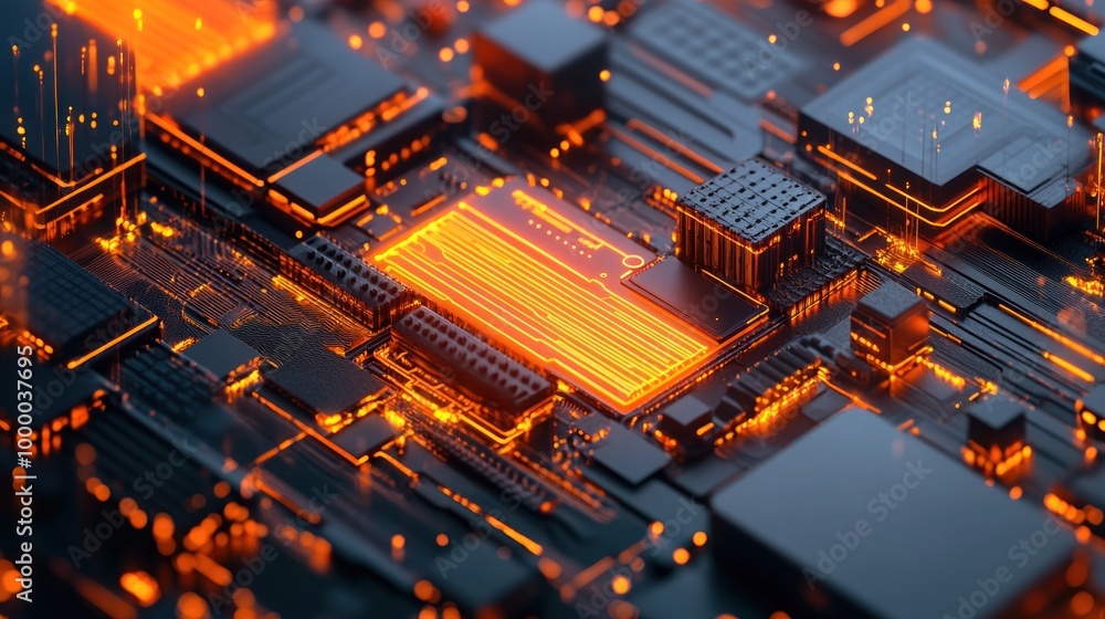 Poster a close-up view of a circuit board with glowing components, showcasing technology and innovation.