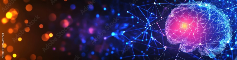 Poster abstract representation of a brain connected to a network of data points and lines.