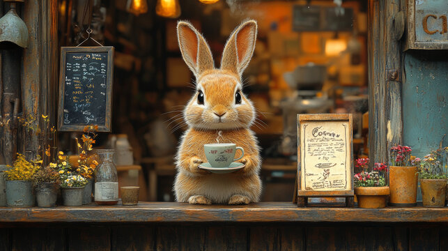 A cute bunny holding a cup of coffee.