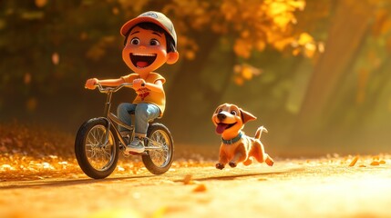 A joyful child rides a bike with a playful dog in a sunny, autumn setting.