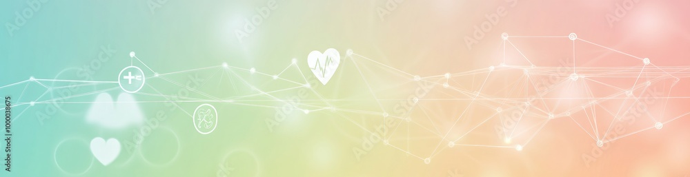 Poster abstract graphic with soft colors and health-related icons representing connection and wellness.