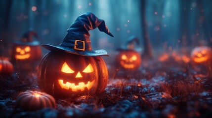Glowing Jack-o'-Lanterns with Witch Hats in a Spooky Halloween Forest