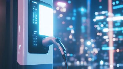 A close-up view of an electric vehicle charging station, surrounded by a blurred cityscape, highlighting the transition to renewable energy and sustainable transportation options. 