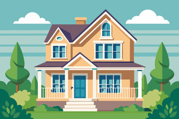 Charming Two-Story Suburban Home Vector Illustration with Front Porch and Garden