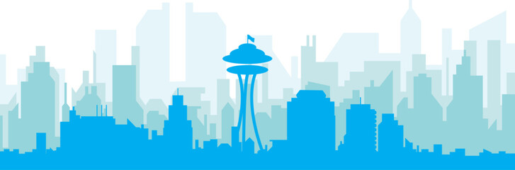 Blue panoramic city skyline poster with bluish misty transparent background buildings of SEATTLE, UNITED STATES