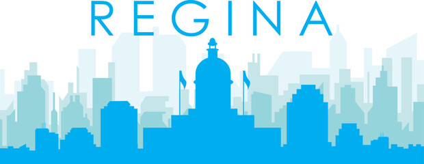 Fototapeta premium Blue panoramic city skyline poster with bluish misty transparent background buildings of REGINA, CANADA