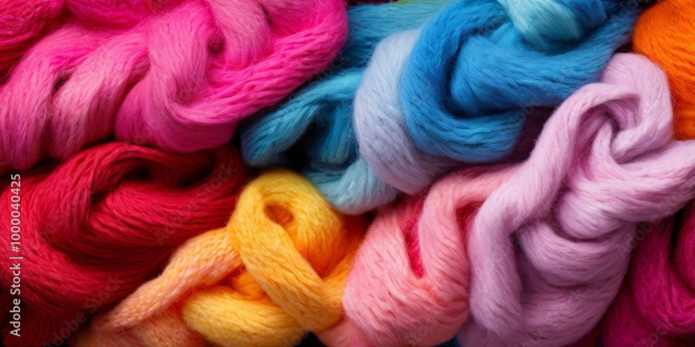 Poster A bunch of colorful yarns are piled up in a row