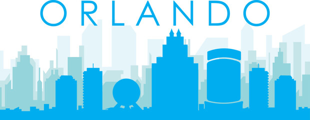 Blue panoramic city skyline poster with bluish misty transparent background buildings of ORLANDO, UNITED STATES