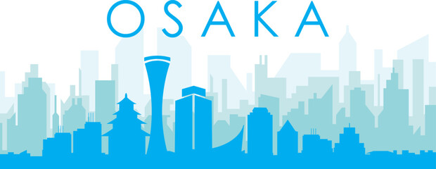 Fototapeta premium Blue panoramic city skyline poster with bluish misty transparent background buildings of OSAKA, JAPAN