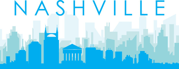 Fototapeta premium Blue panoramic city skyline poster with bluish misty transparent background buildings of NASHVILLE, UNITED STATES