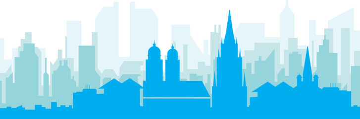 Blue panoramic city skyline poster with bluish misty transparent background buildings of MUNICH, GERMANY