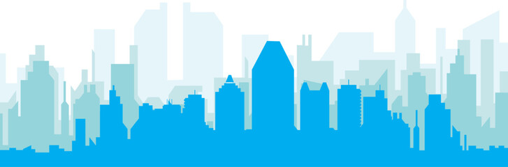 Blue panoramic city skyline poster with bluish misty transparent background buildings of MONTREAL, CANADA