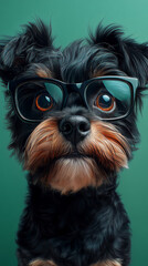 Naklejka premium A small black dog wearing glasses stares intently at the camera.