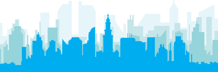 Obraz premium Blue panoramic city skyline poster with bluish misty transparent background buildings of MIAMI, UNITED STATES