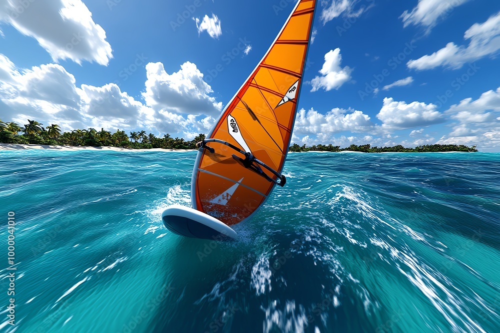 Poster 3d digital rendering of a windsurfing experience, where users can explore and navigate the ocean, ad