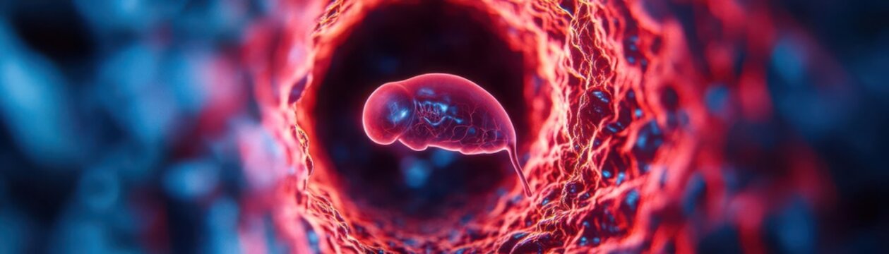 Detailed visualization of an embryo developing in utero, representing the origins of human life, embryo stages, life origins