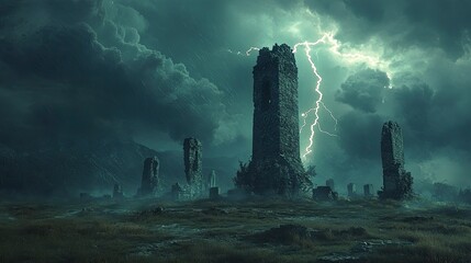 A thunderstorm over a historical battlefield, with lightning bolts striking the historic monuments and casting dramatic shadows on the terrain. The dark storm clouds and intense flashes of light