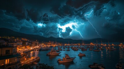 A thunderstorm over a scenic harbor, with lightning bolts illuminating the boats and the waterfront buildings. The dark storm clouds and bright flashes of light create a dramatic contrast with the