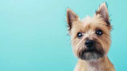 A close-up of a cute dog against a turquoise background, showcasing its expressive features.