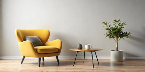 Modern living room with a yellow chair and a potted plant on a wooden table, bathed in natural sunlight.