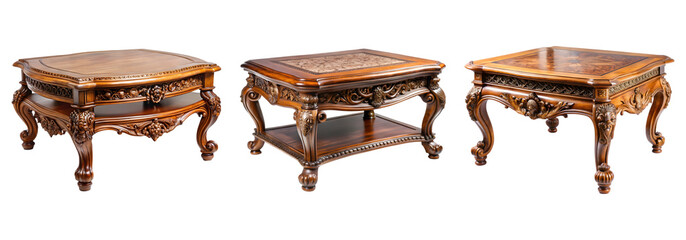 set of Ornate Wooden Coffee Table isolated on transparent background, cut out