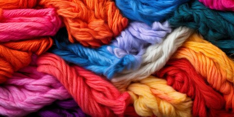 A pile of colorful yarn with a variety of colors including red, blue, and green